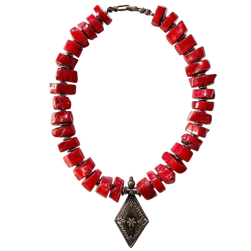 Chunky Red Coral Statement Necklace Sterling Silver Pendant 20” 10.3oz‎ - Picture 3 of 14